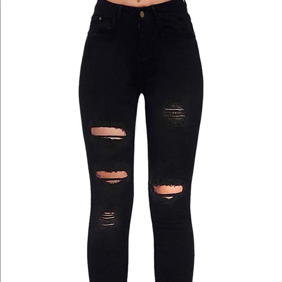 High Waisted Black Skinny Distressed Denim Jeans - Picture 1 of 4